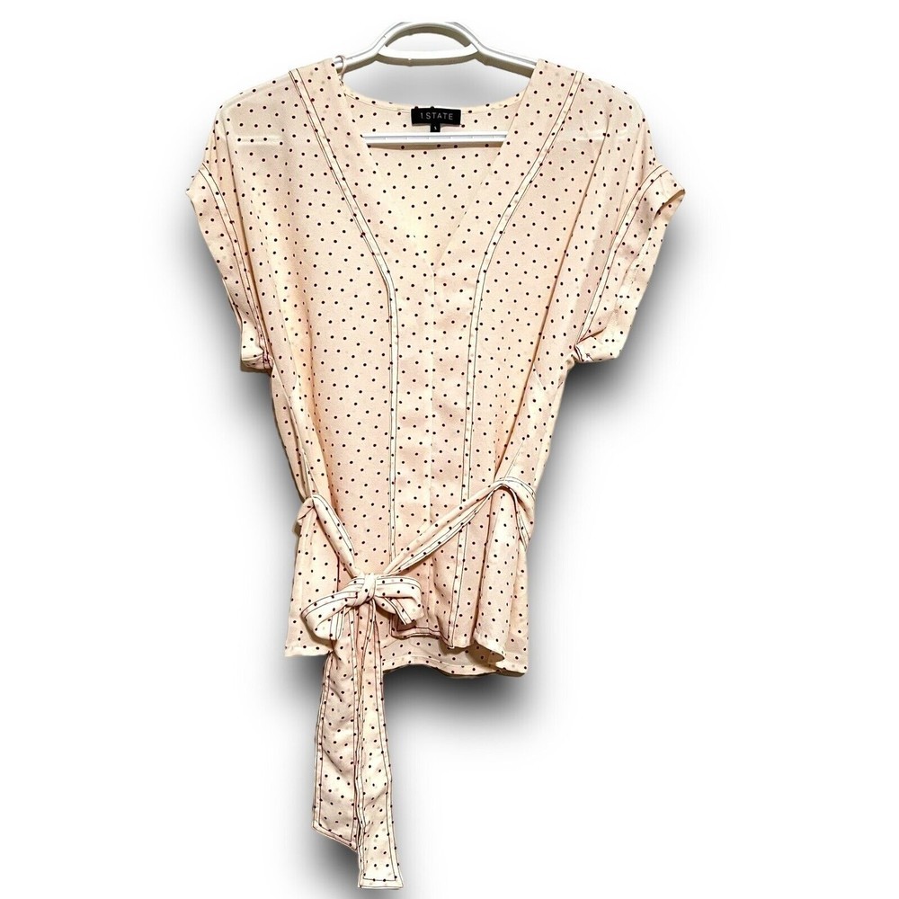 1.STATE Women's Short Sleeve Vintage Polka Dot Pale Pink Size Small Tie waist